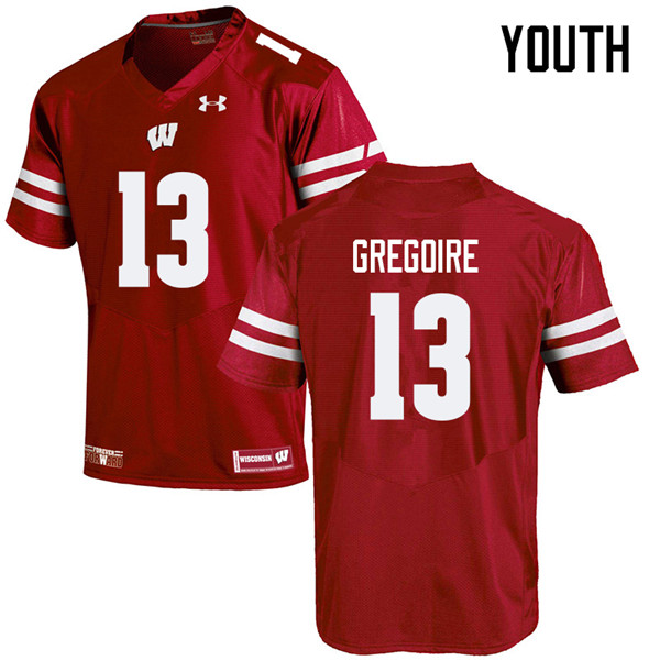 Wisconsin Badgers Youth #13 Mike Gregoire NCAA Under Armour Authentic Red College Stitched Football Jersey JT40O05LJ